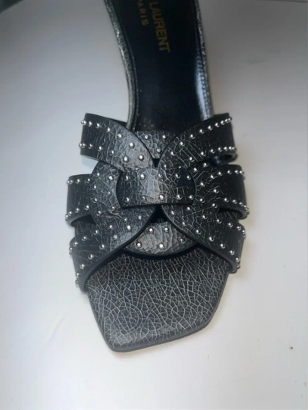 Saint Laurent Black Studded Leather Heeled Slide Sandals - Picture 8 of 11